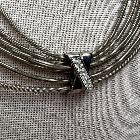 Stretchy Multi Strand Wire Necklace Silver Tone Rhinestones Sliding Pendant - Picture 3 of 8